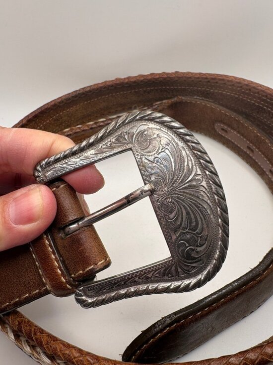 Vintage Southwestern Western Belt Braided Leather Engraved Buckle Boho Cowgirl main image 12
